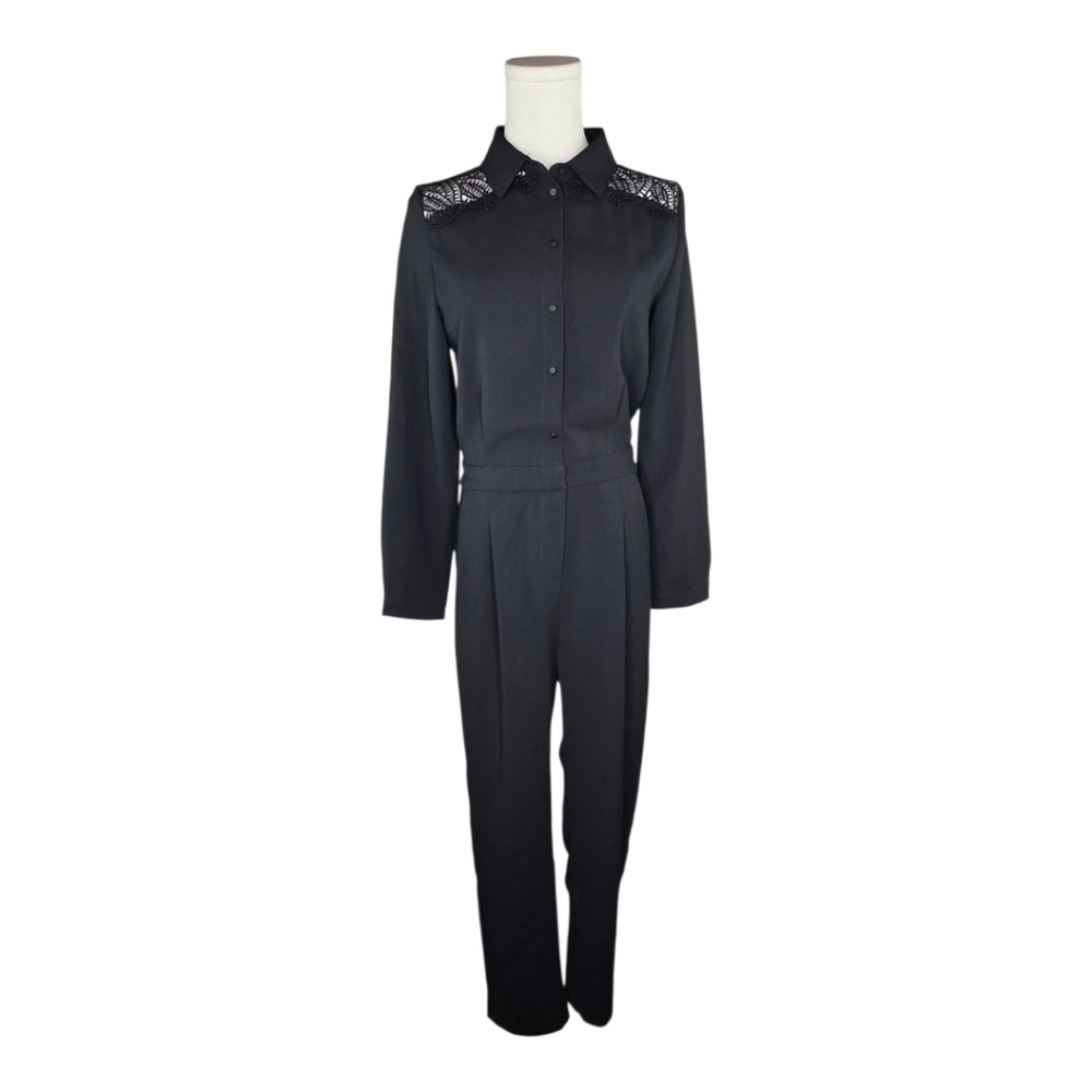 SUNCOO Paris Black Lace Shoulder Jumpsuit Tiago French Chic Minimalist T0 XS